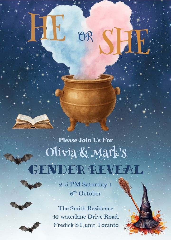 Starry Night Gender Reveal Invitation with Bats