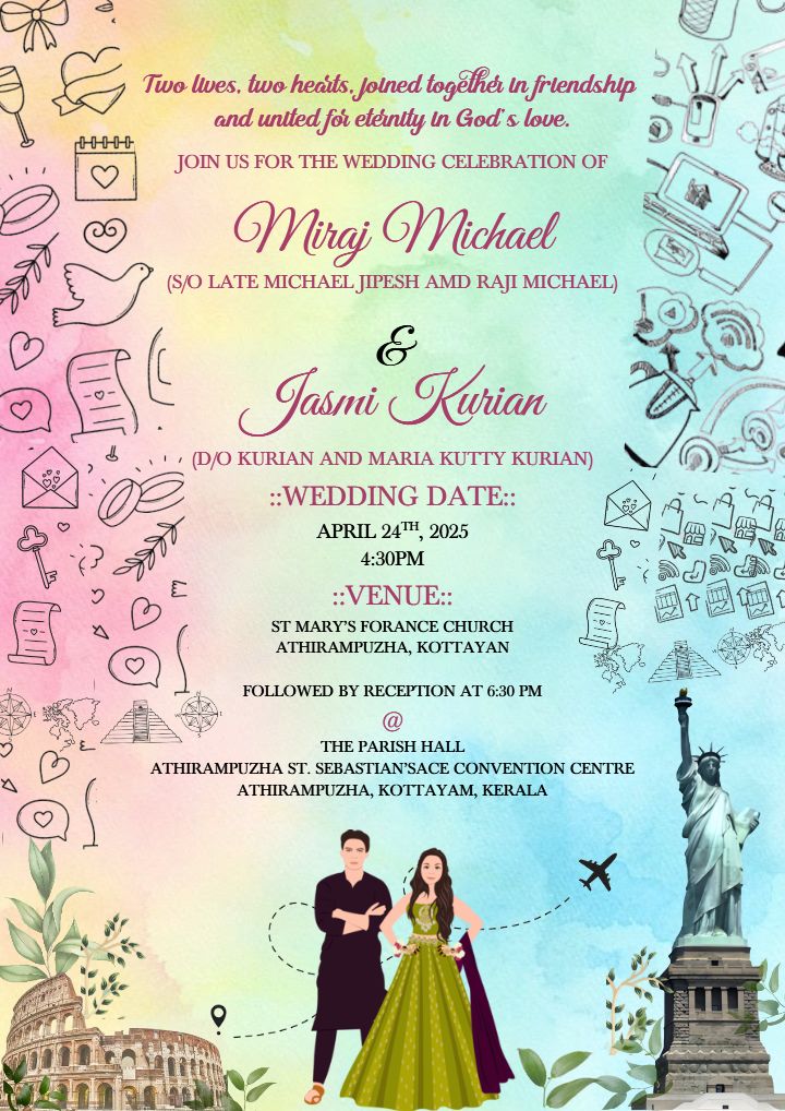 Pastel Wedding Invitation Card Design With Doodle Art