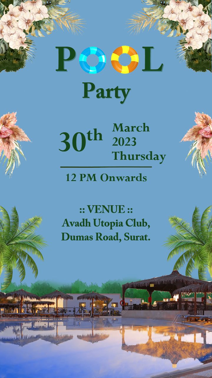 Luxury Pool Party Invitation Card Template with Palm Art