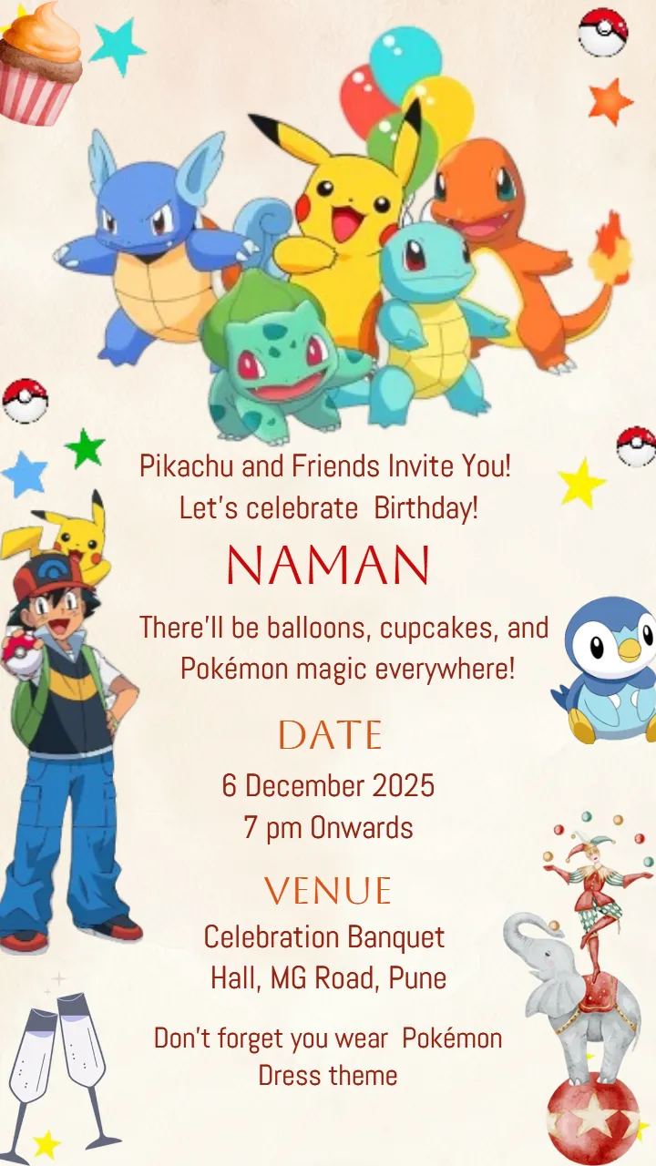 Exciting Pokemon Birthday Invitation Card for Boy