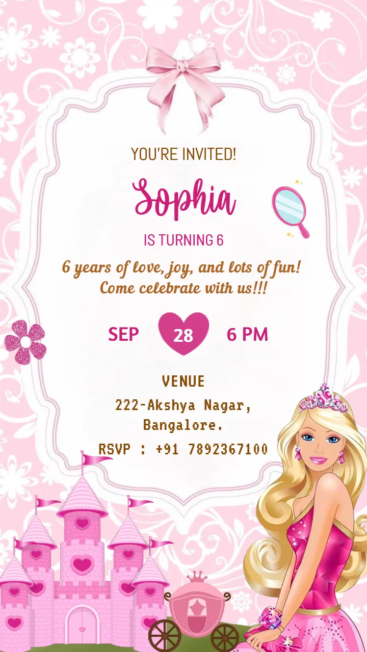 Barbie Theme Invitation Card English for Girls Party Design