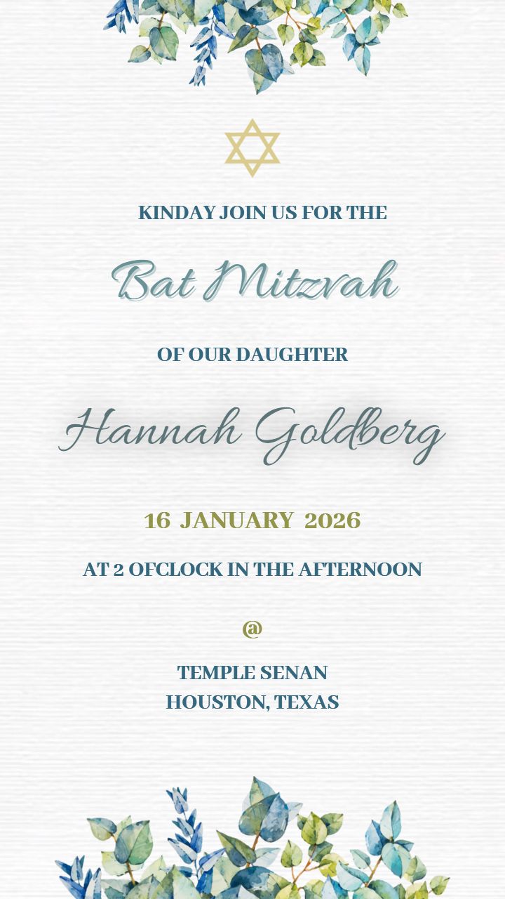 Floral Theme Bar and Bat Mitzvah Invitation Cards In English
