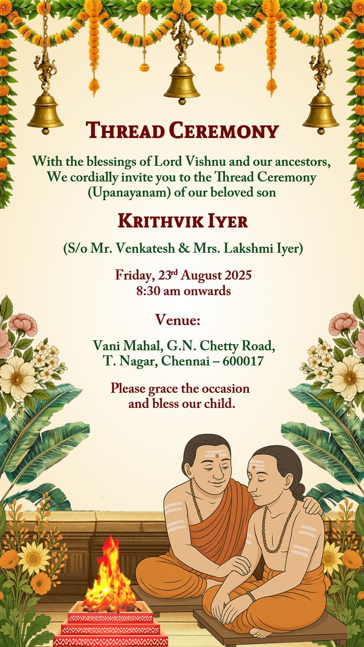 Thread ceremony invitation video with temple vibe