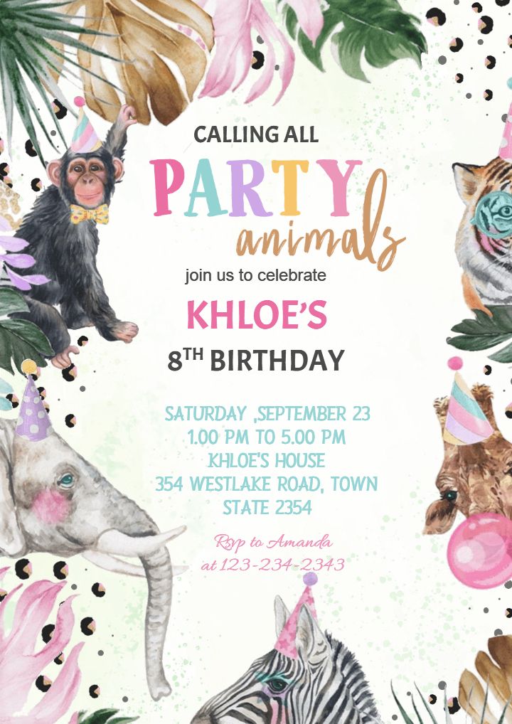 Animal Themed 8th Birthday Invitation Party Card for Boys