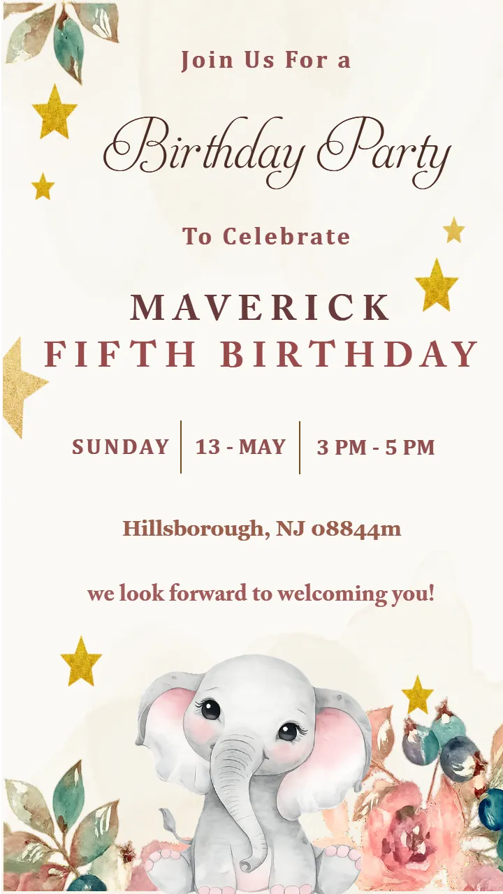 Fifth Birthday Invitation Card with Beby Elephant Theme