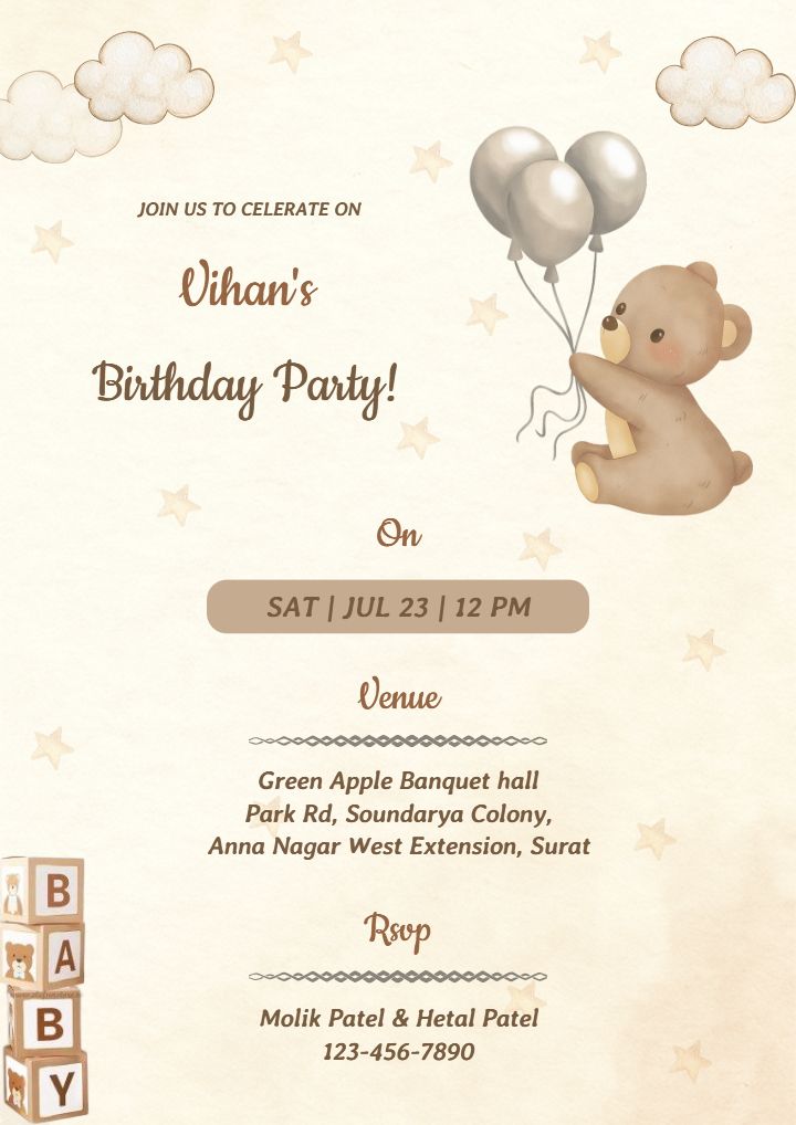 Lovely Online Birthday Invitation Party Card for Boy