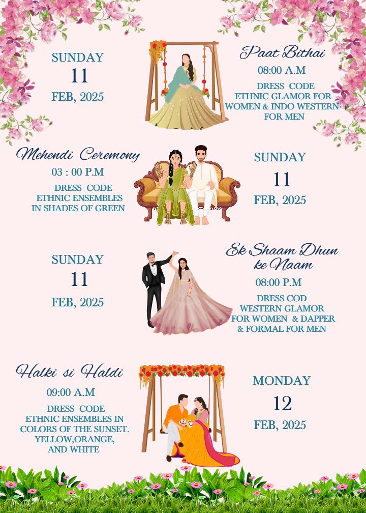 Floral Wedding Itinerary Cards with Dress Code Details