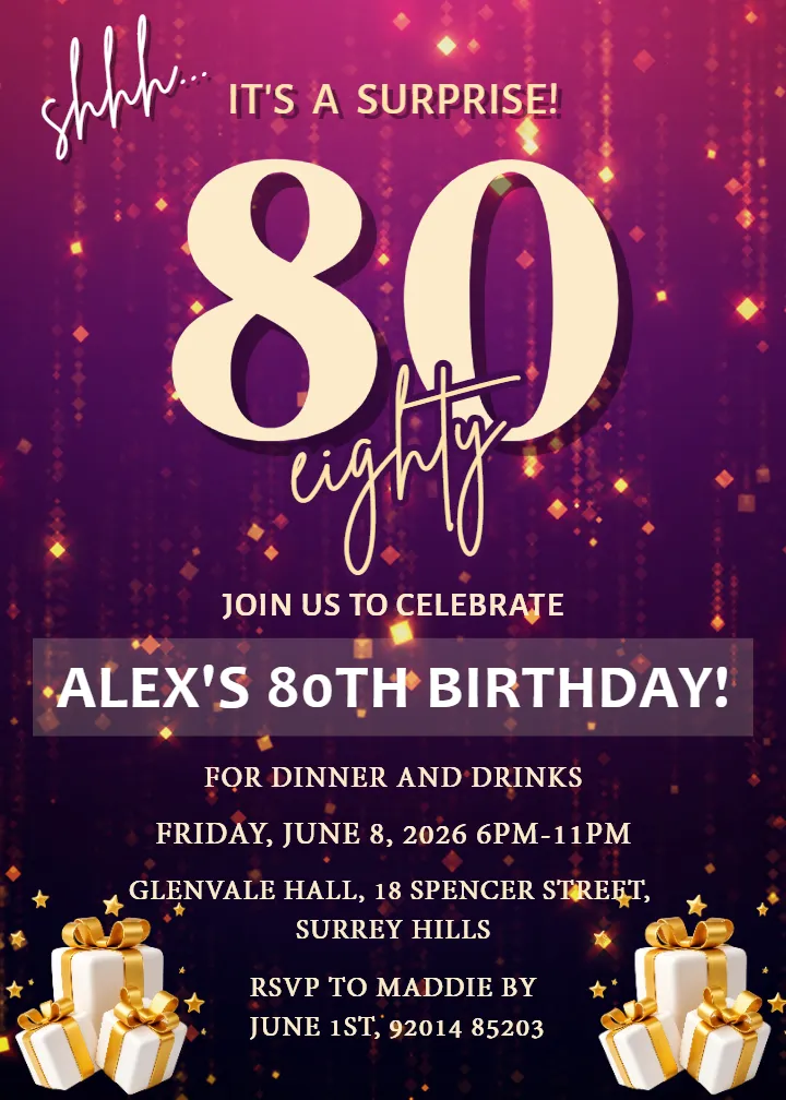 80th Birthday Invitation Card with Dinner Party