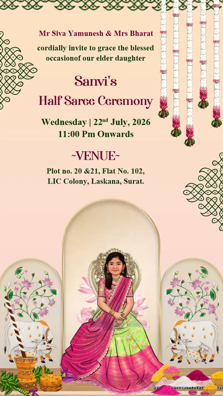 Half Saree Ceremony Invitation Card Traditional Design