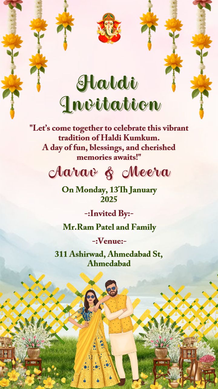 Haldi Function Invitation with Cute Couple Illustration