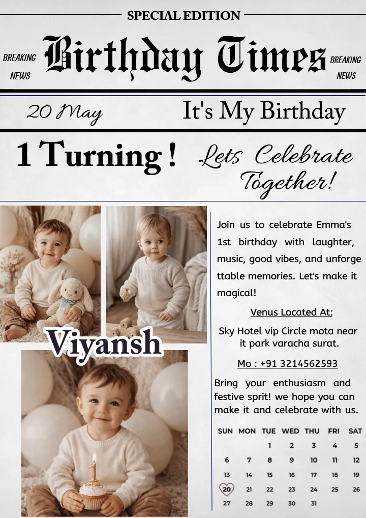 Birthday Newspepar Design Card for First Birthday