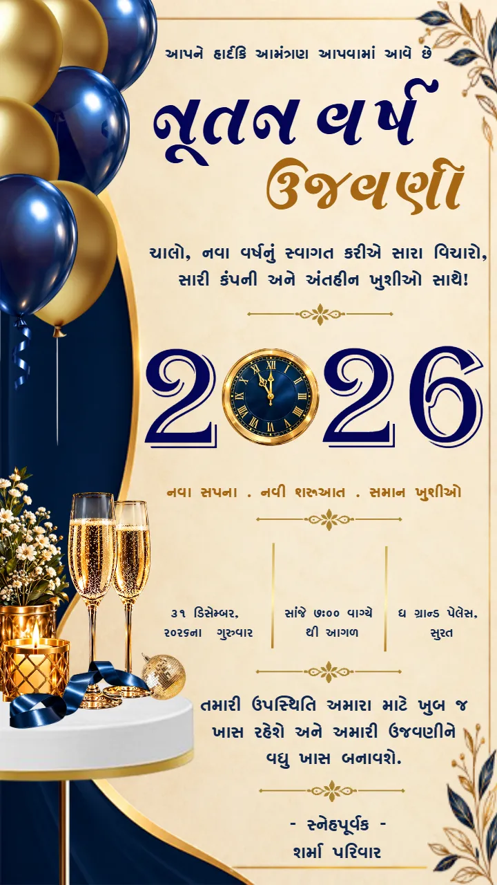 New Year Party Invitation in Gujarati with Blue Gold Details