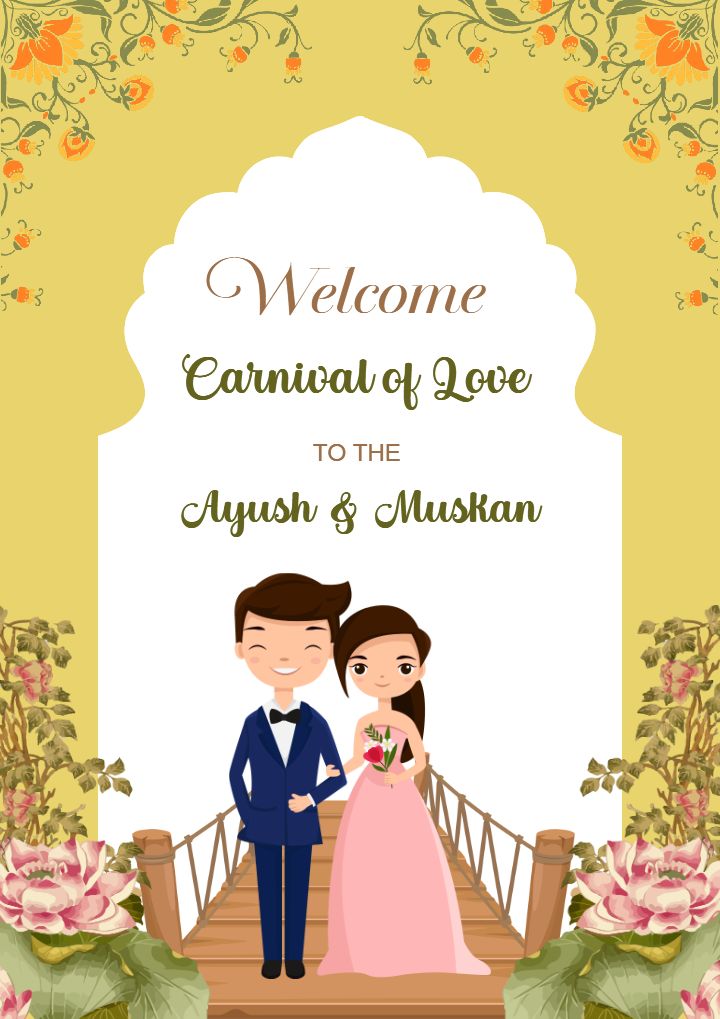 Cute Wedding Welcome Standee with Cartoon Couple