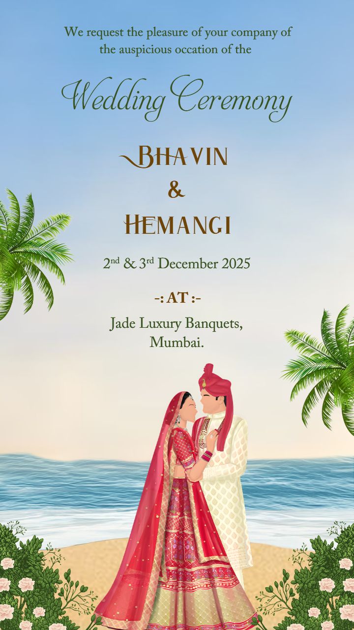 Palm Tree Wedding Invitation Template with Flowers and beach