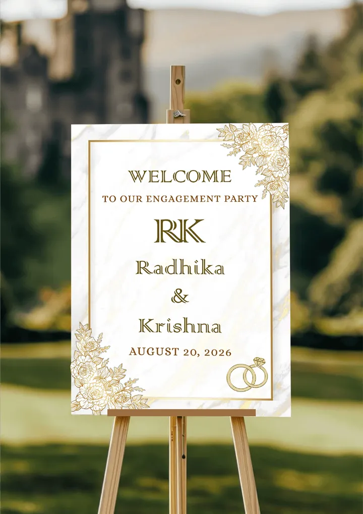Artistic Floral Engagement Welcome Board in Gold Style