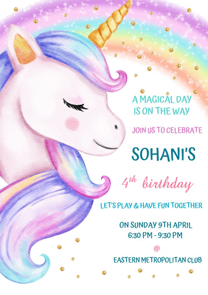 Magical Unicorn Online 4th Birthday Invitation Card for Girl