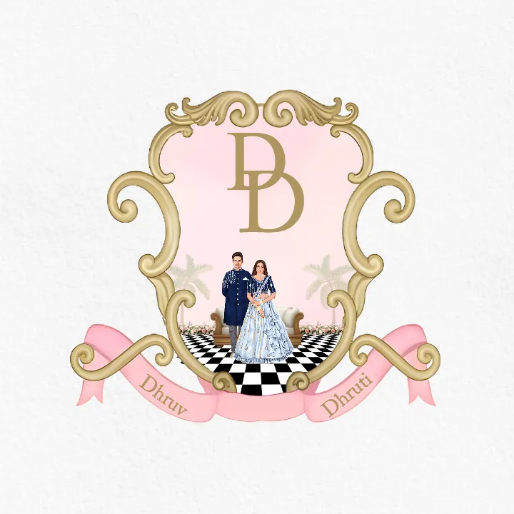 Engagement Monogram Design with Royal Couple Illustration