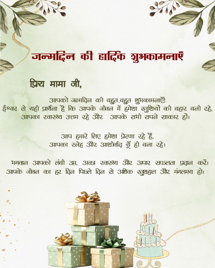 Happy Birthday Mama Wishes in Hindi with Gift and Cake Theme