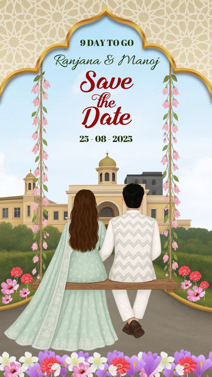 Pastel Couple Save the Date with Palace Background
