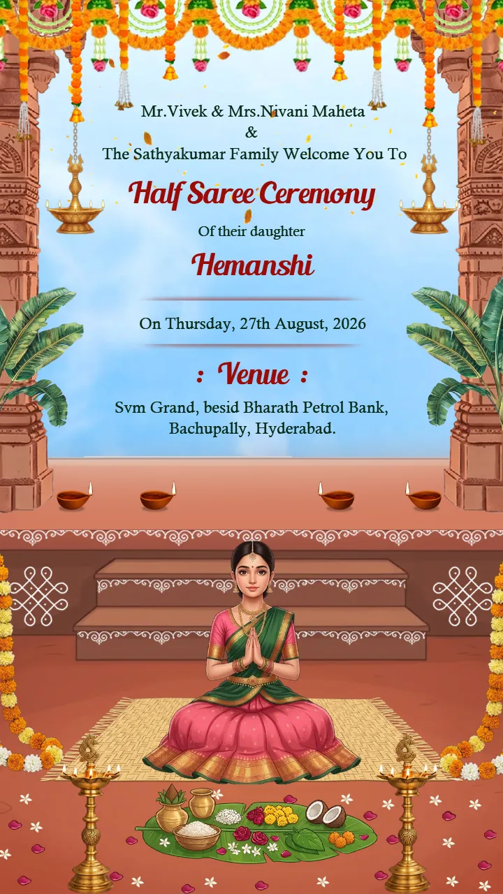 Half Saree Ceremony Invitation Video Temple Theme Style