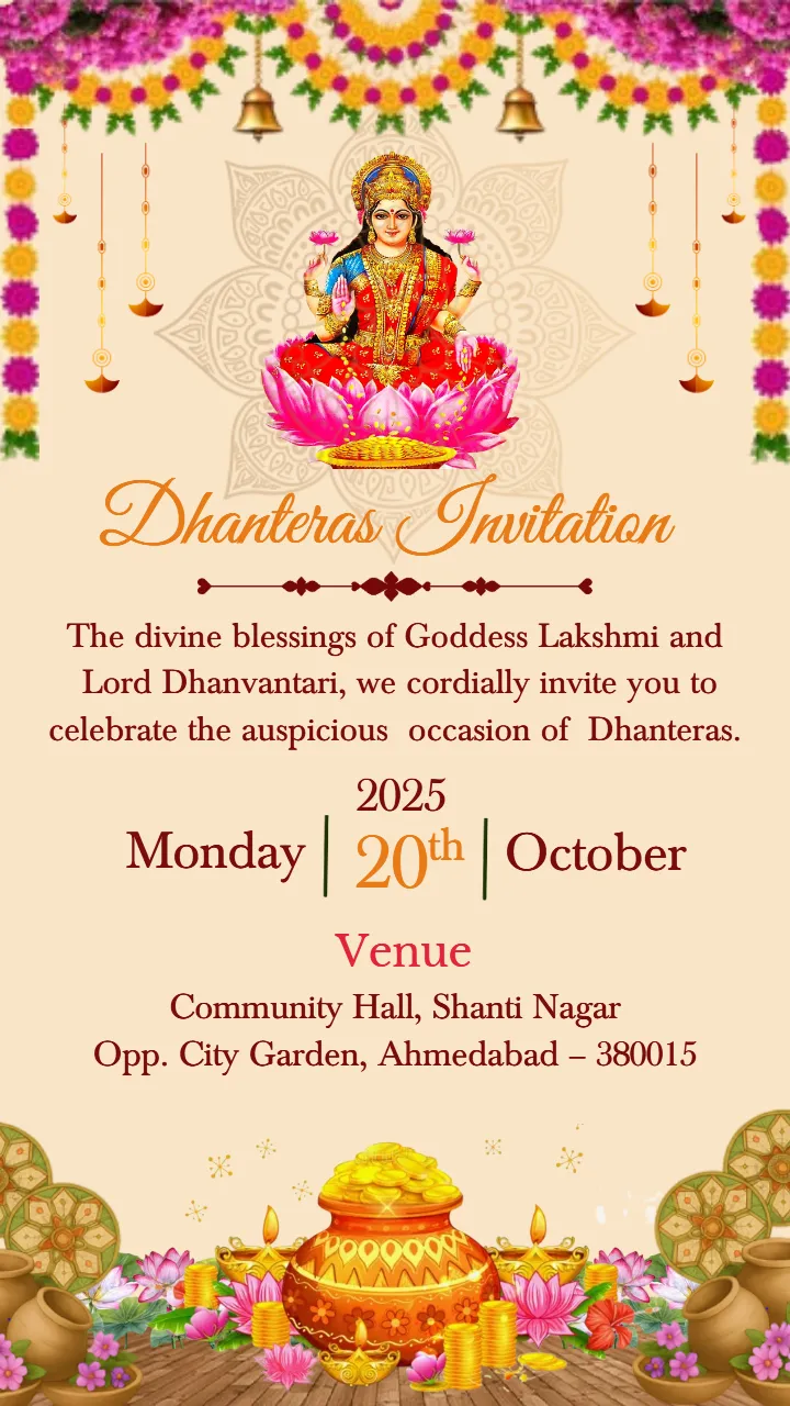 Dhanteras 2025 Invitation Card for Festive Celebrations