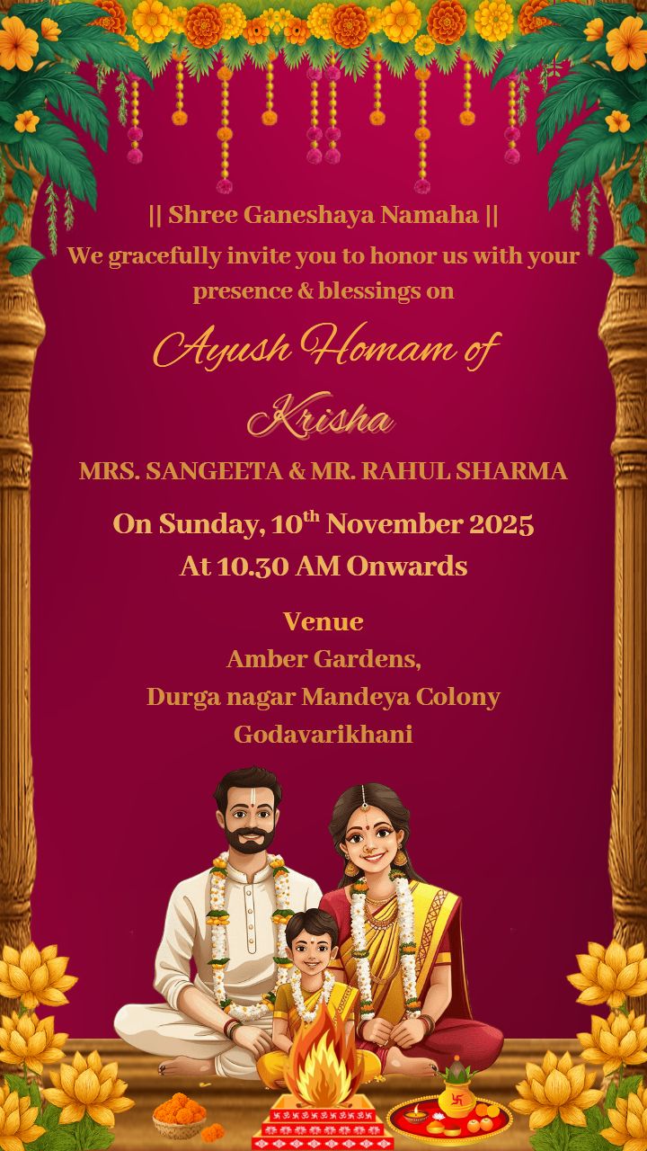 Hindu Style Aayush Homam Invitation Template Card in English