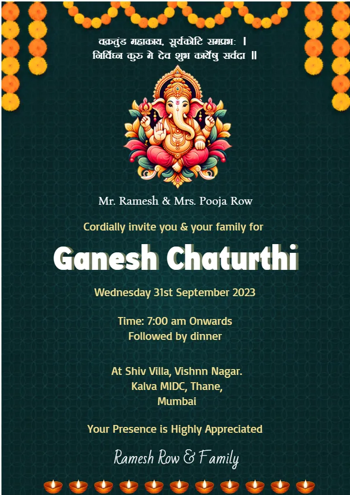 Ganpati Invitation Template in English for Dark Green Theme