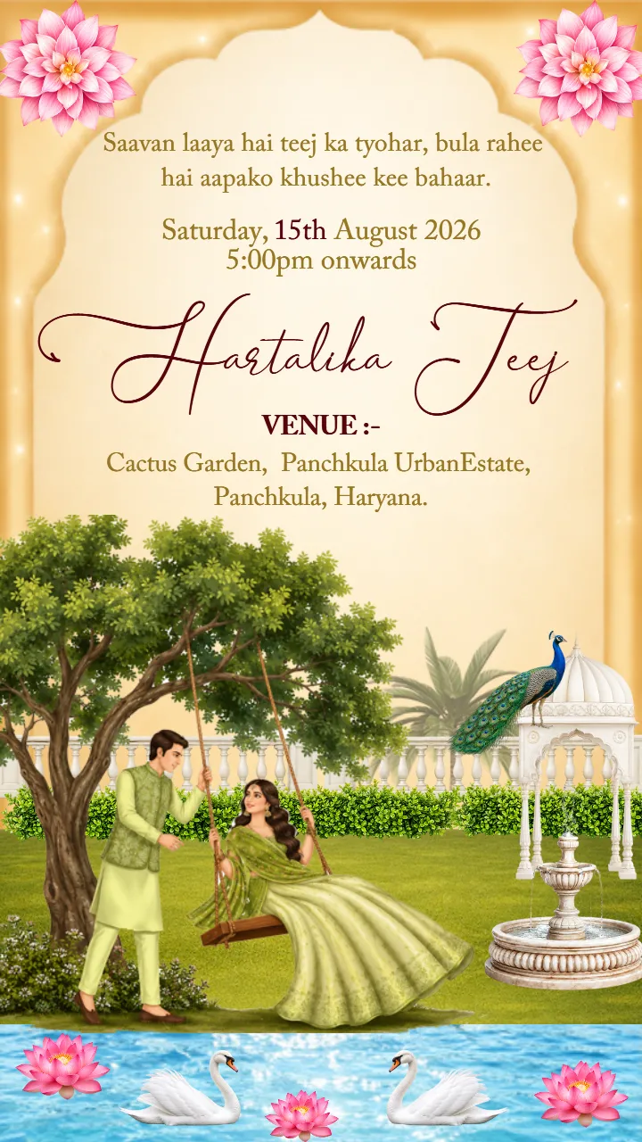 Hartalika Teej Invitation Card Peacock Garden Theme
