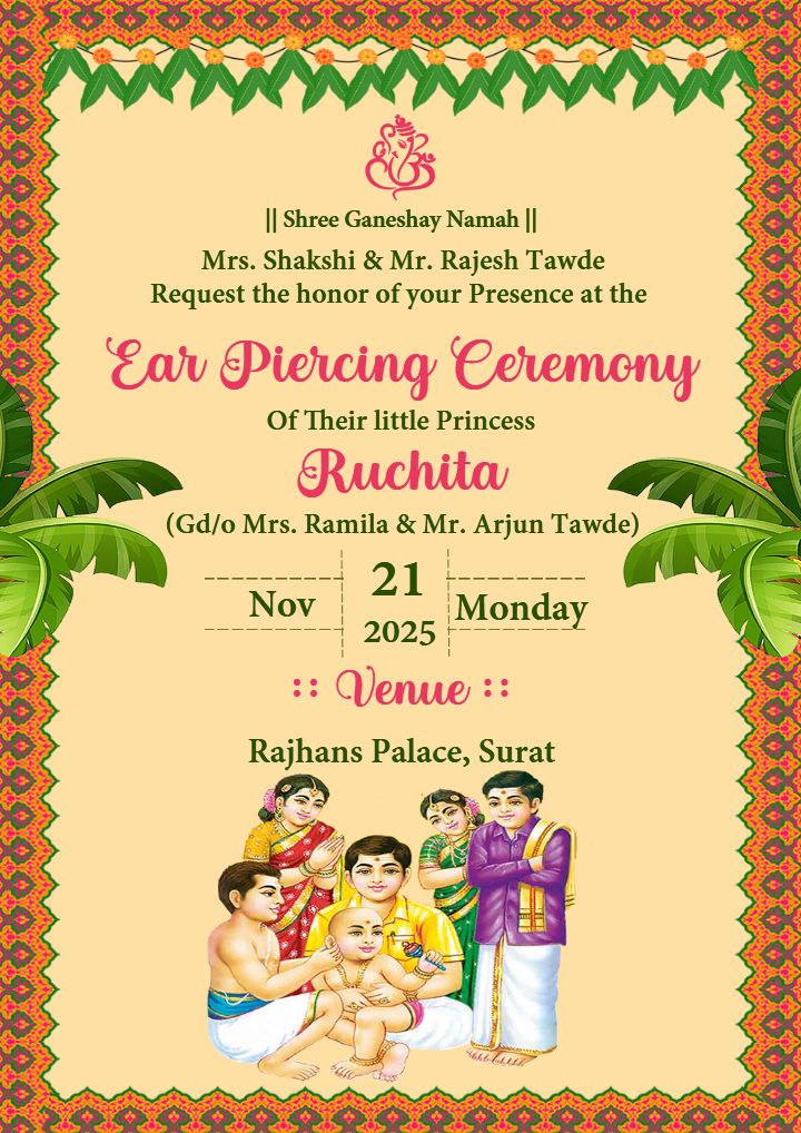 Ear Piercing Ceremony Card for Baby Girl In Indian Style