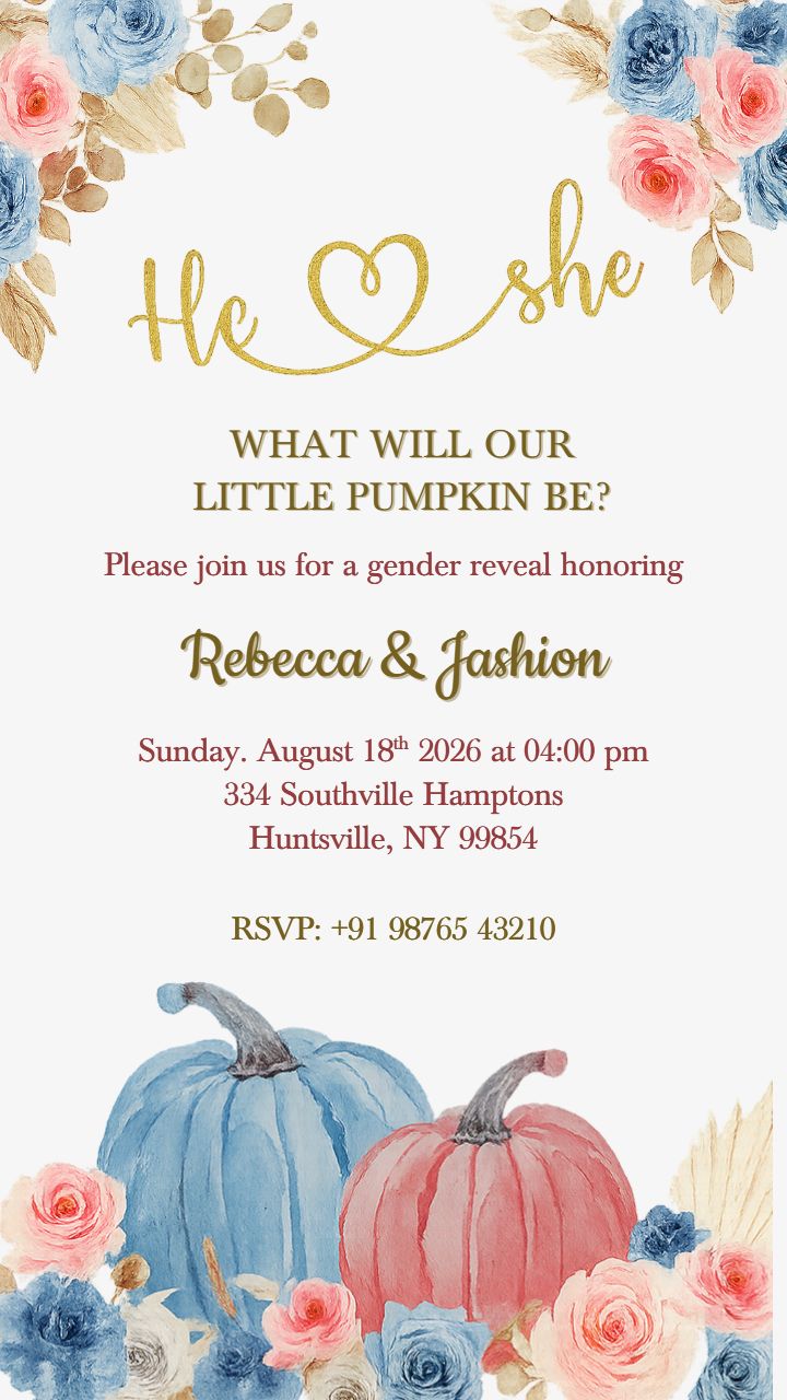 Pumpkin gender reveal invitation with Golden Design