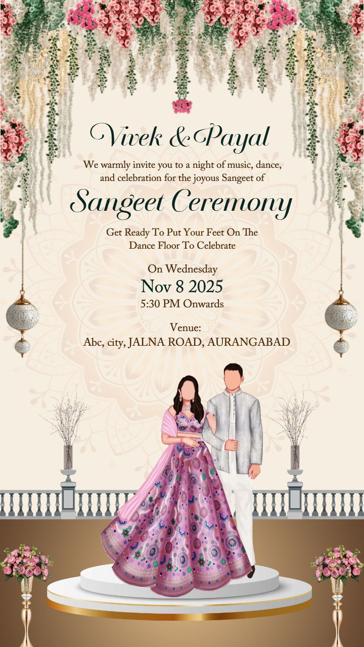Modern Floral Sangeet ceremony Invitation Card for Couples