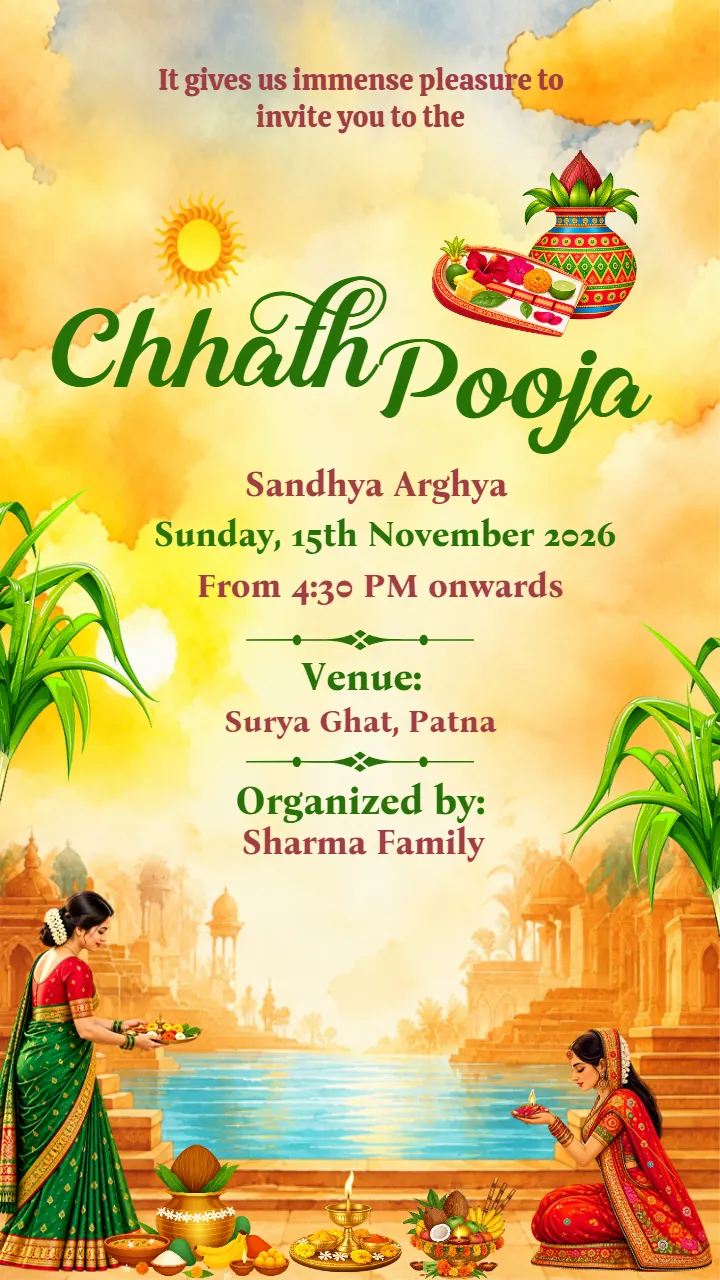 Chhath Pooja Invitation Card with Cultural Decorations