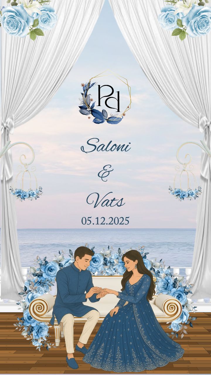 Seaside Chandla Vidhi Card with Blue Florals and Drapes