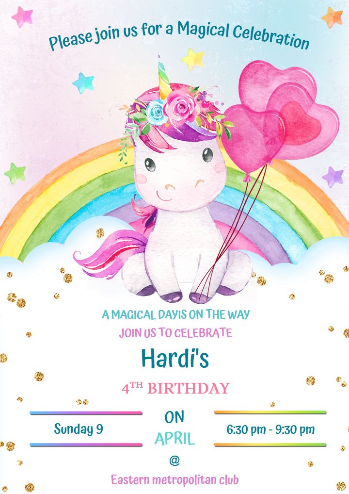 Colorful unicorn 4th Birthday Invitation Party for Boys