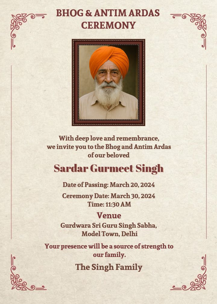 Bhog And Antim Ardas Ceremony Card In English Format