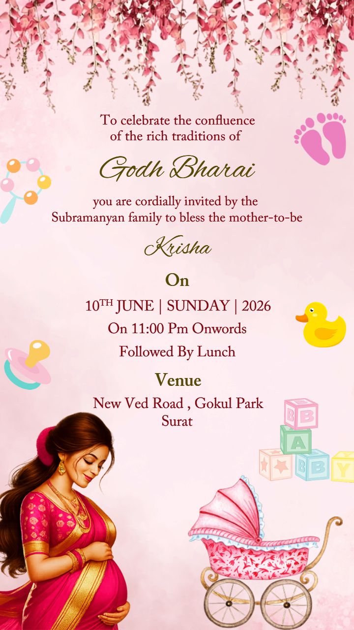Charming Pink Theme Godh Bharai Invite Template