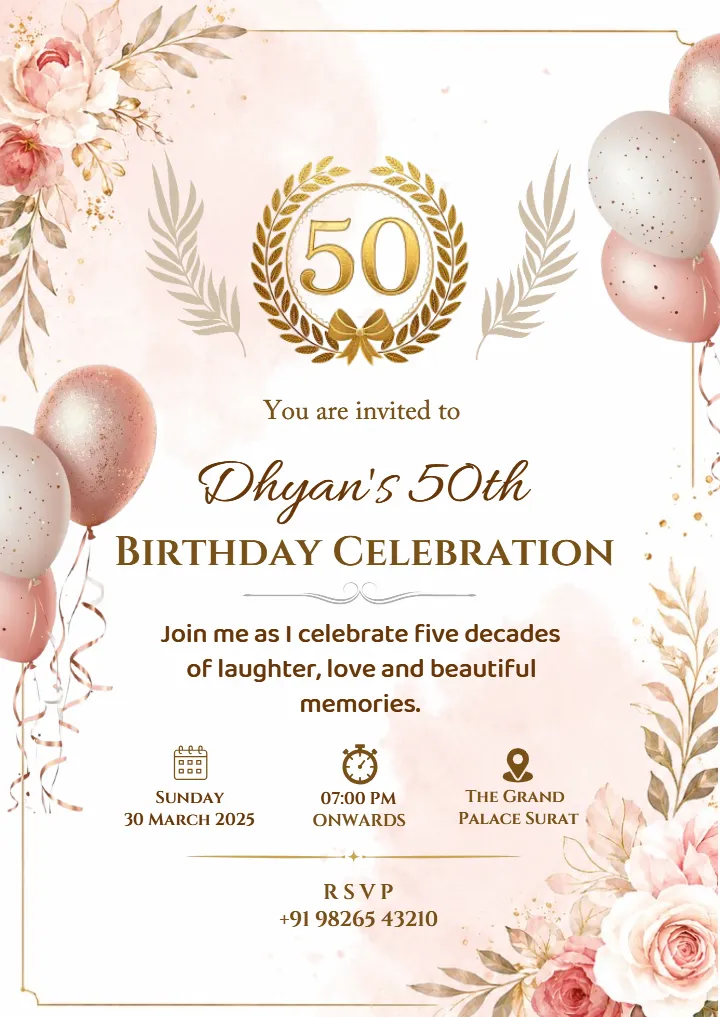 Rose Gold 50th Birthday Invitation Card Template
