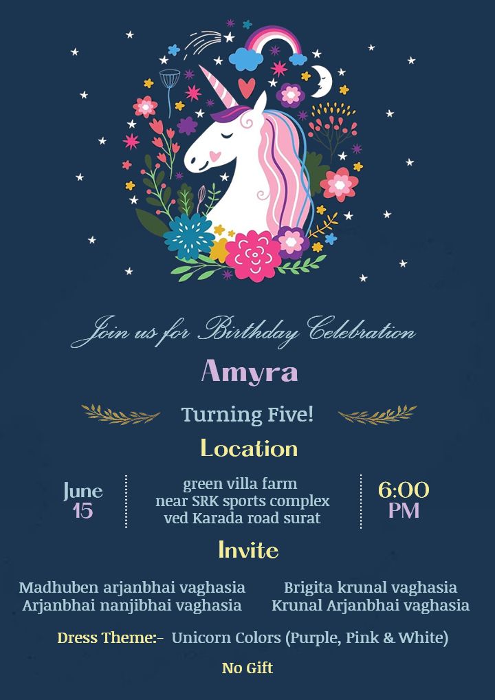 Online 5th Birthday Invitation for Girls in Unicorn Theme