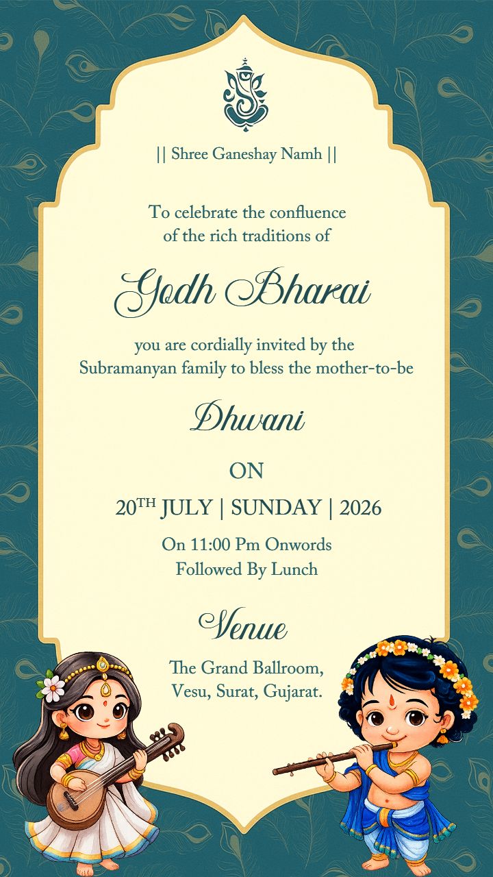 Godh Bharai Ceremony Invite Card with Krishna And Veena Theme