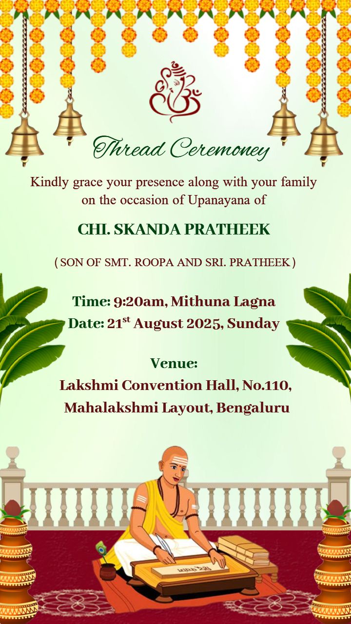 Thread ceremony invitation in English printed card design