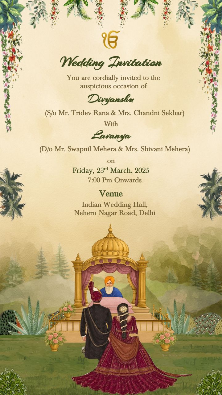 Scenic Punjabi Wedding invitation Card with Couple Art