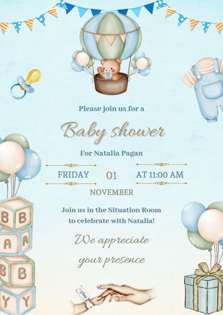 Baby Shower Invite Card with Cute Teddy Balloon Theme