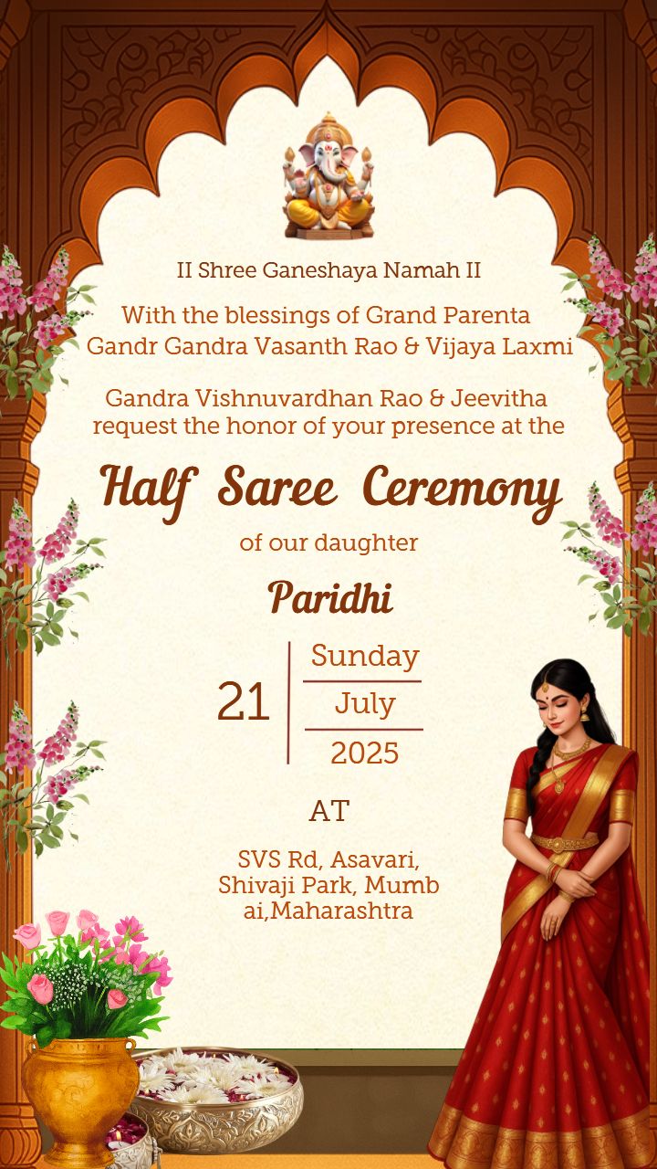 Classic Half Saree Invitation Card With Temple Theme