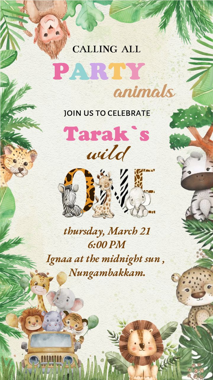 Wild Jungle 1st Birthday Invitation Party Card for Boys