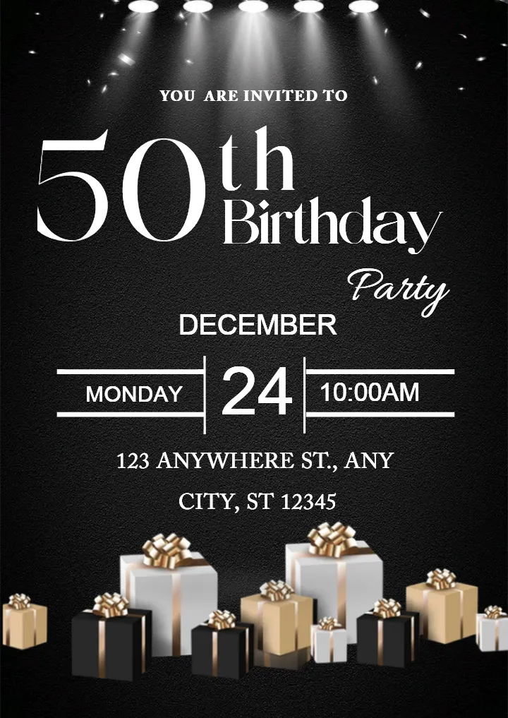 50th Birthday Invitation Card Black Theme
