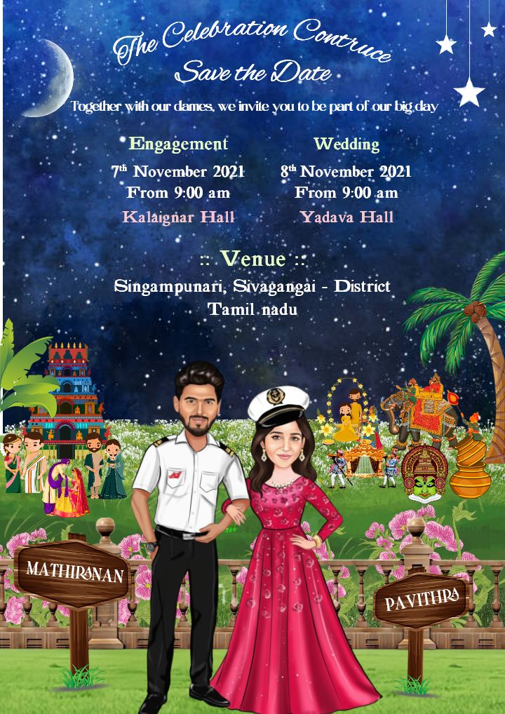 Magical night sky wedding theme with save the date card