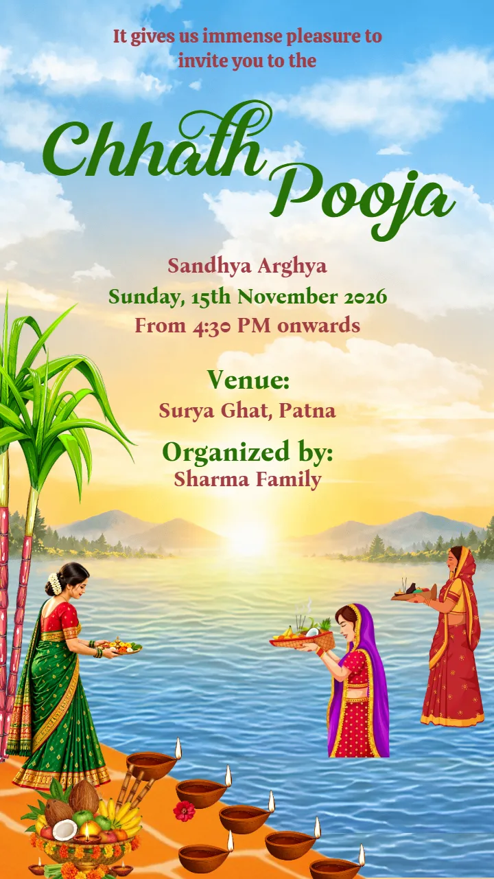 Chhath Puja Invitation Template with River Ghat Design