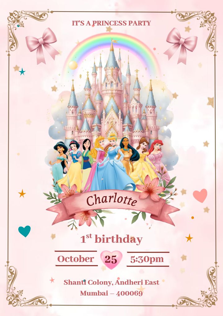 Princess Castle 1st Birthday Invitation Party Card for Girls