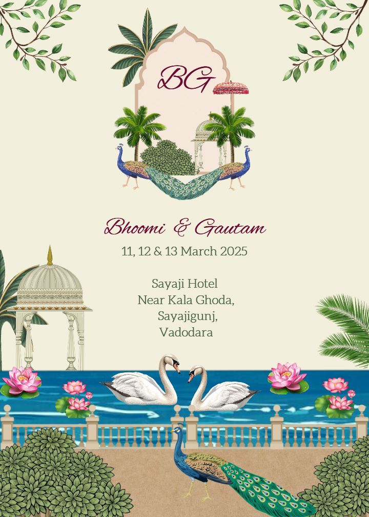 Royal Wedding Itinerary Template with Peacock and Swan Art