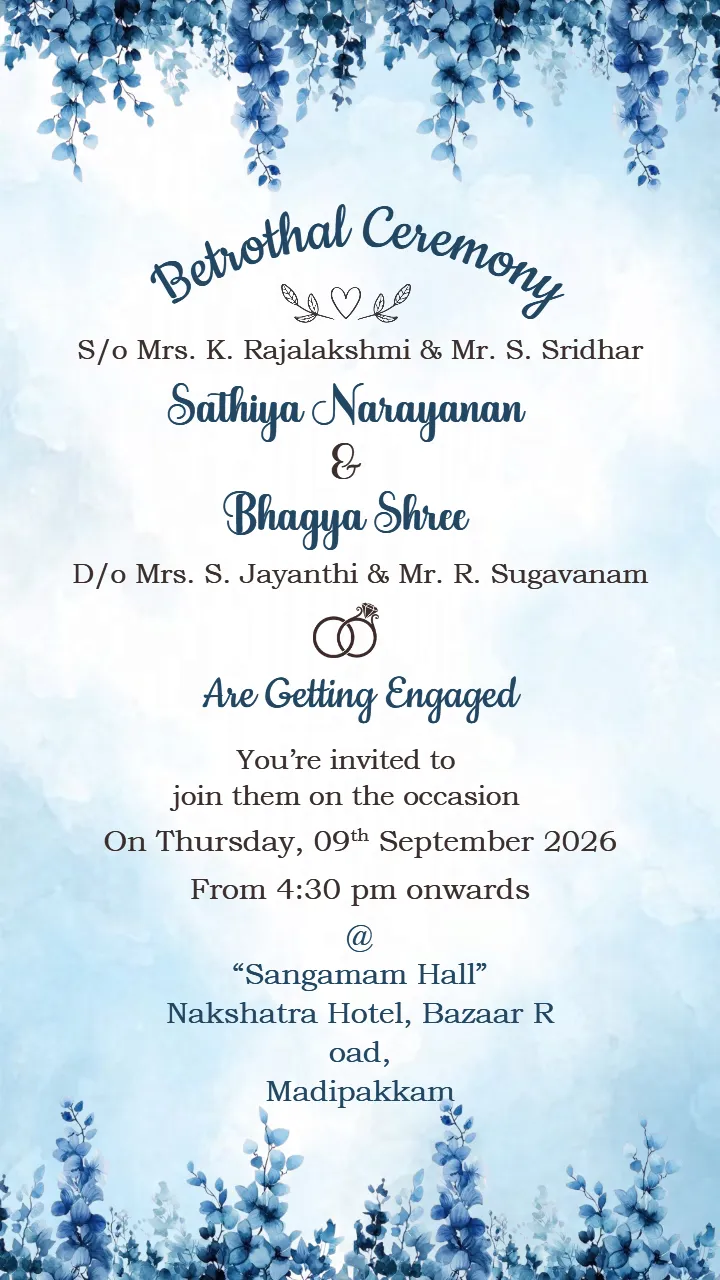 Artistic Blue Flower Betrothal Invitation Template